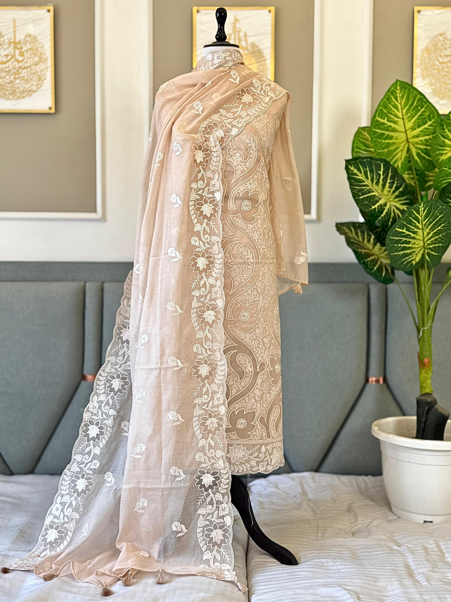 Mal Chanderi Embroidered Summer Suit Set with Dupatta & Cotton Bottom