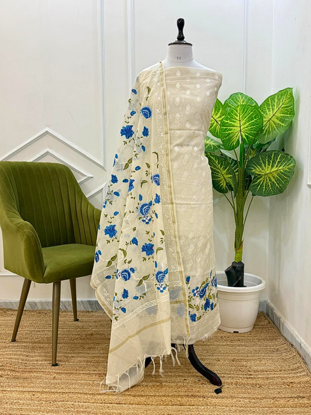 Banarasi Cotton Unstitched Suit Set with Embroidered Kurta & Dupatta – Elegant Festive Wear Dress Material