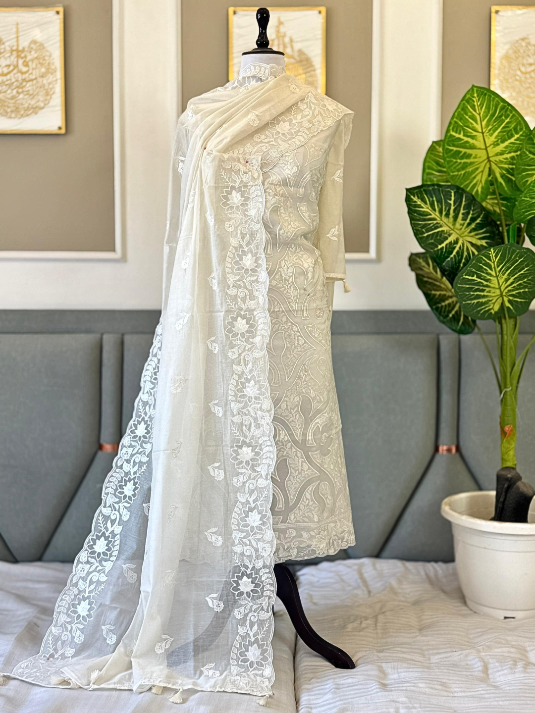 Mal Chanderi Embroidered Summer Suit Set with Dupatta & Cotton Bottom