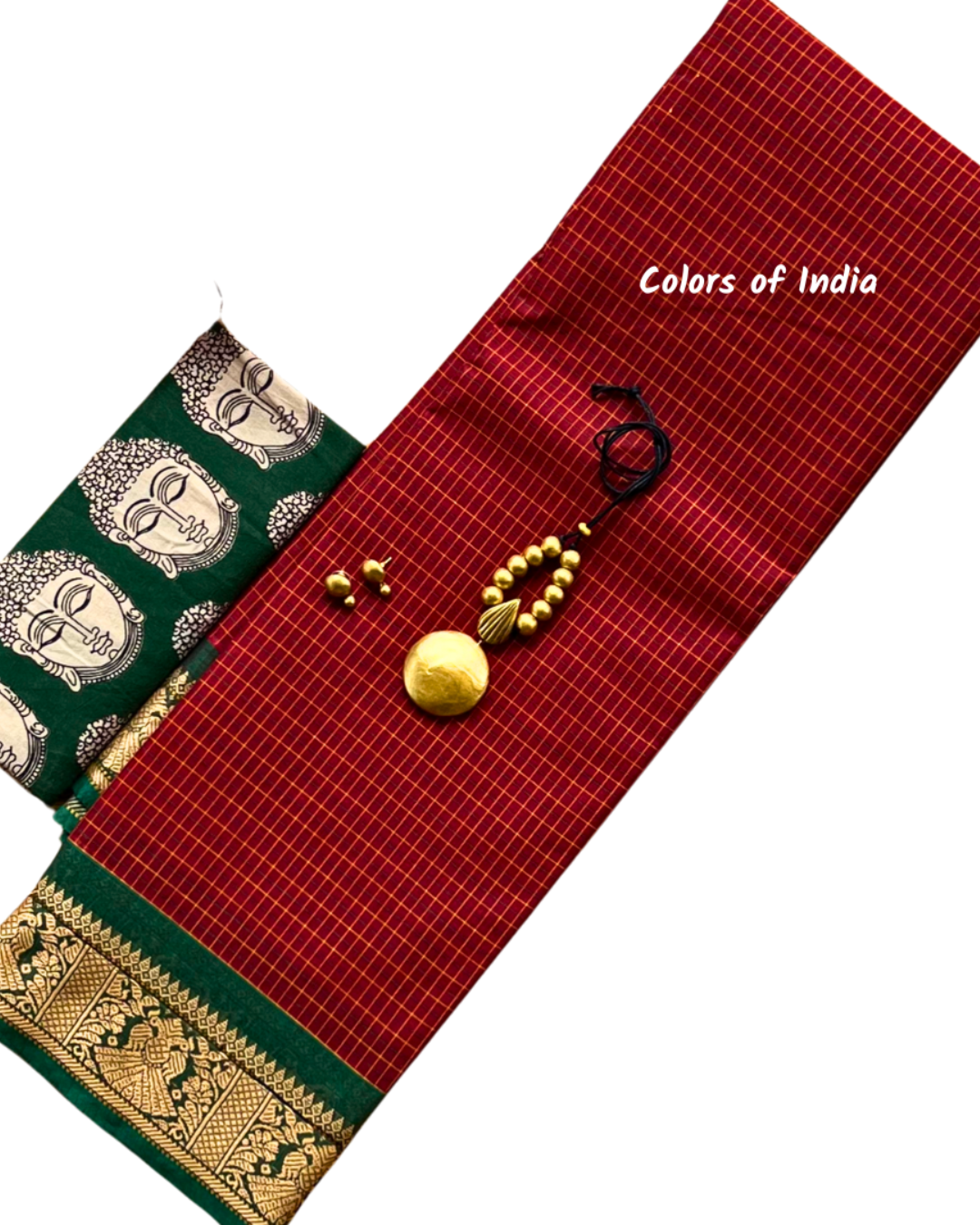 Kanchipuram Cotton Saree with handcrafted tarracotta jewellery  , Free Delivery