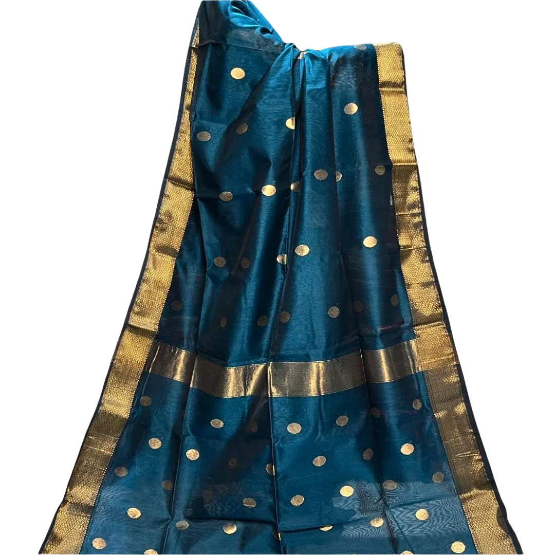 Handwoven Maheshwari Saree – Cotton Silk Blend | Lightweight Summer Wedding & Party Wear Saree with Zari Polka