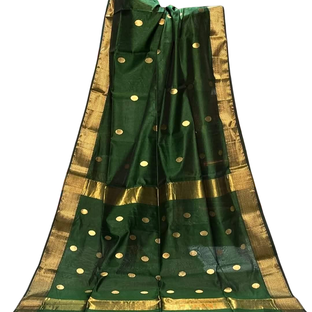 Handwoven Maheshwari Saree – Cotton Silk Blend | Lightweight Summer Wedding & Party Wear Saree with Zari Polka