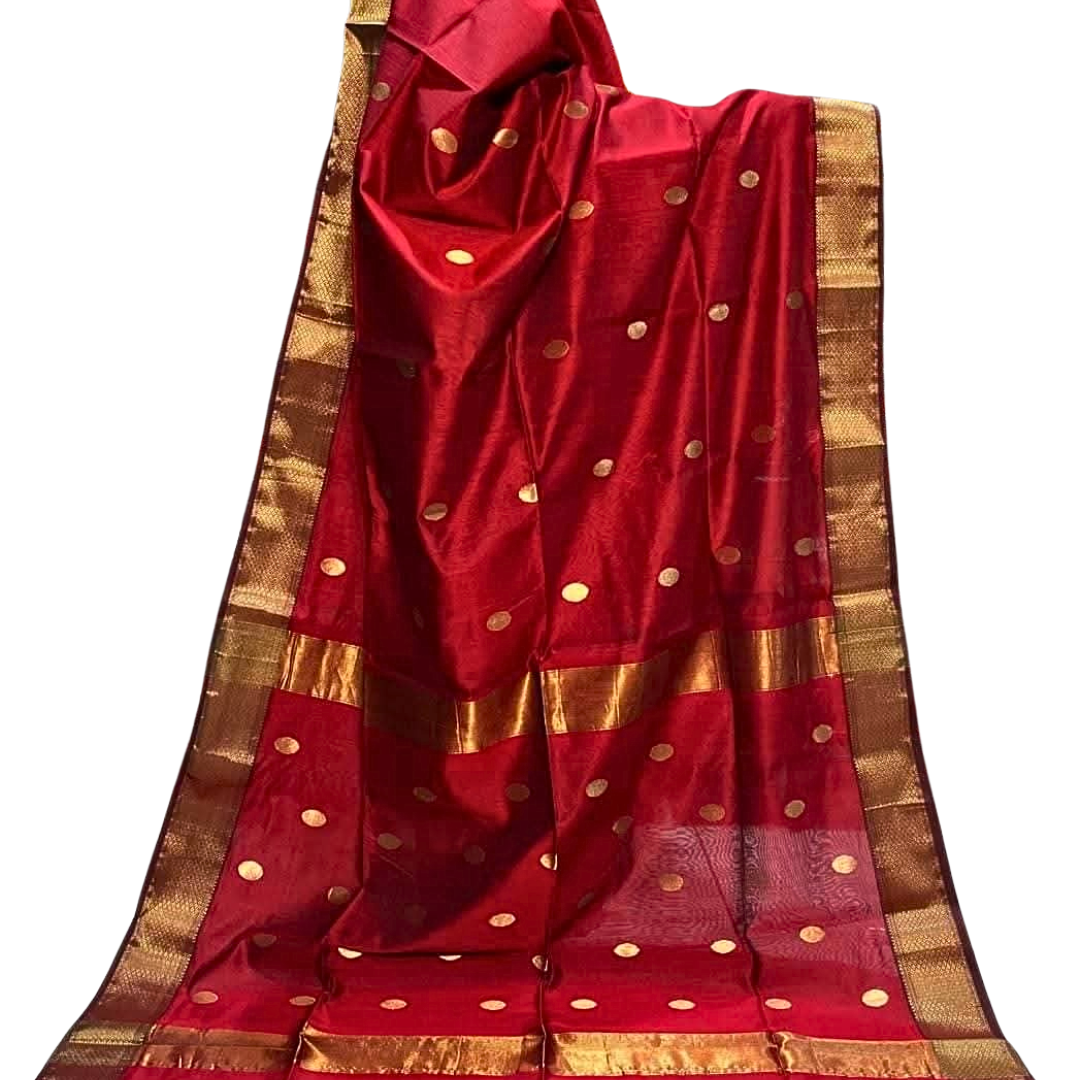Handwoven Maheshwari Saree – Cotton Silk Blend | Lightweight Summer Wedding & Party Wear Saree with Zari Polka