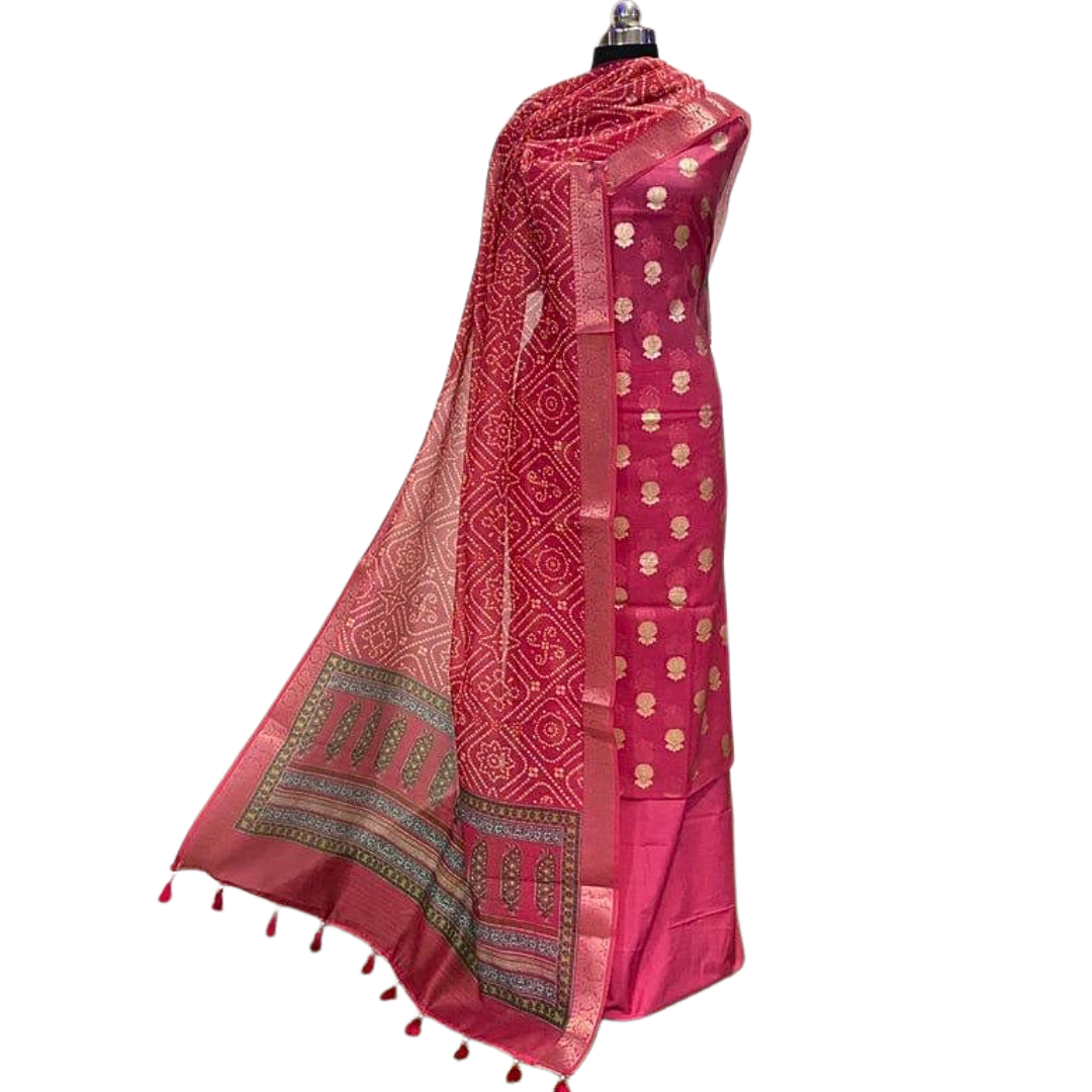 Handwoven Chanderi Cotton Unstitched Salwar Suit Set with Dupatta – Lightweight Festive Ethnic Wear
