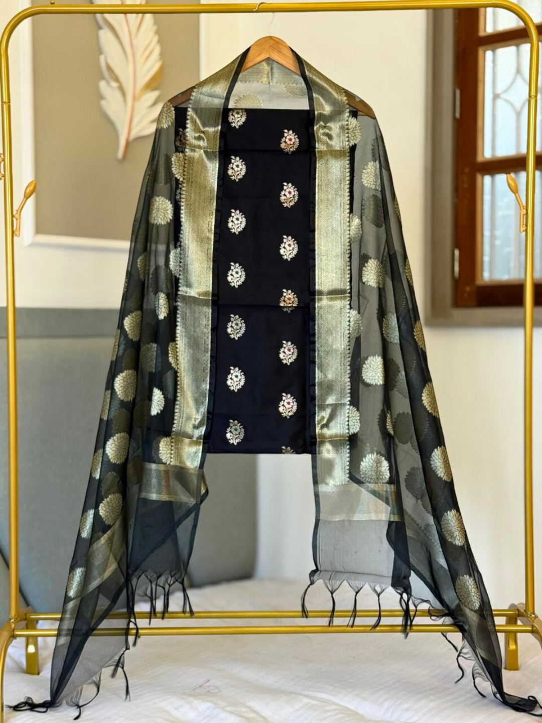 Premium Banarasi Dress Material , Cotton Silk Kurta with Organza Dupatta Set