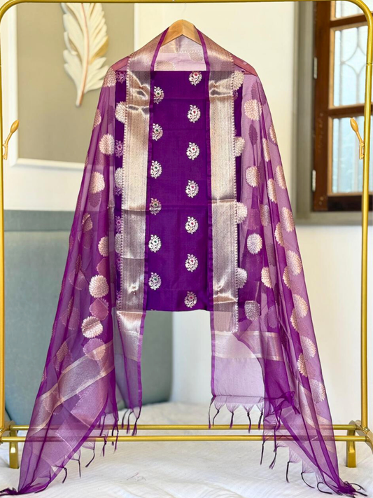 Premium Banarasi Dress Material , Cotton Silk Kurta with Organza Dupatta Set