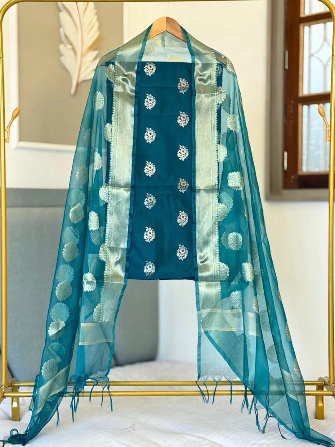 Premium Banarasi Dress Material , Cotton Silk Kurta with Organza Dupatta Set