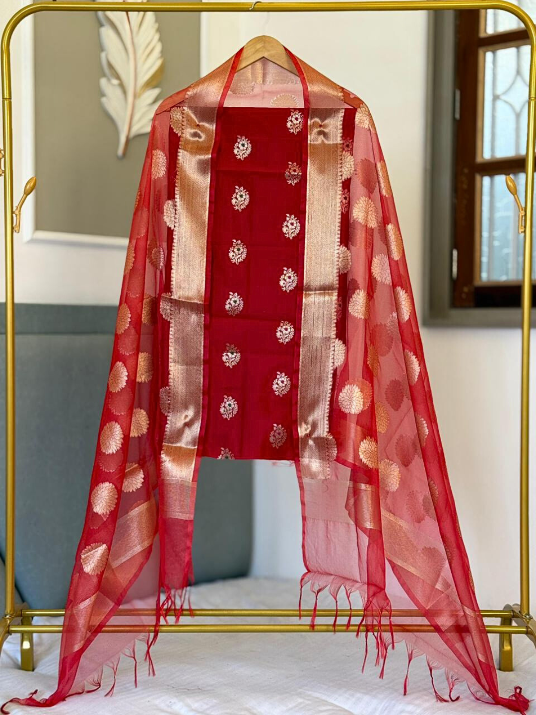 Premium Banarasi Dress Material , Cotton Silk Kurta with Organza Dupatta Set