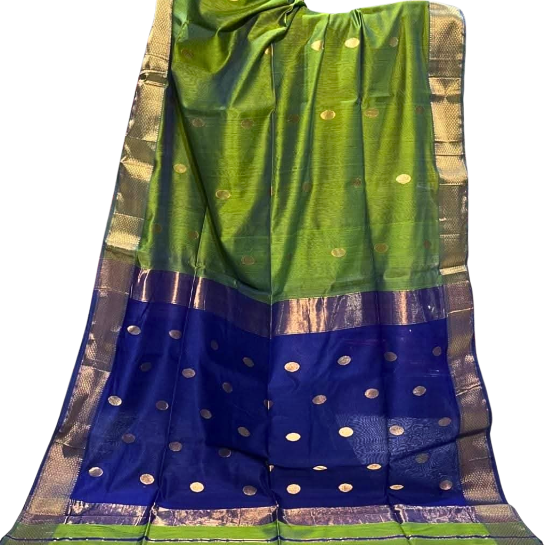 Handwoven Maheshwari Saree – Cotton Silk Blend | Lightweight Summer Wedding & Party Wear Saree with Zari Polka