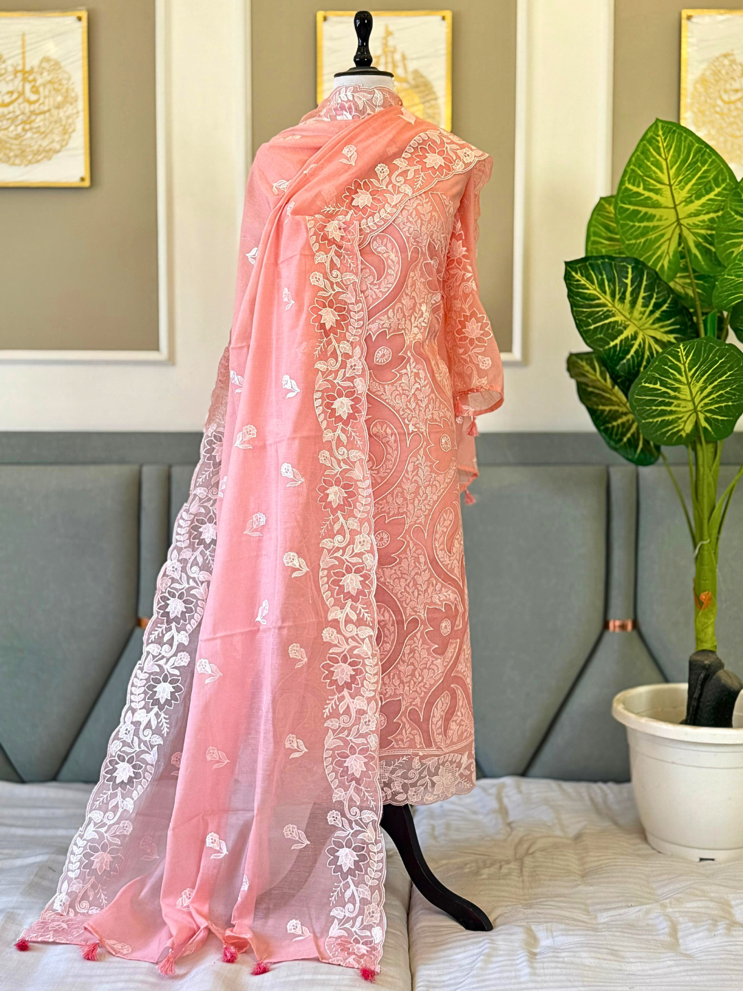 Mal Chanderi Embroidered Summer Suit Set with Dupatta & Cotton Bottom