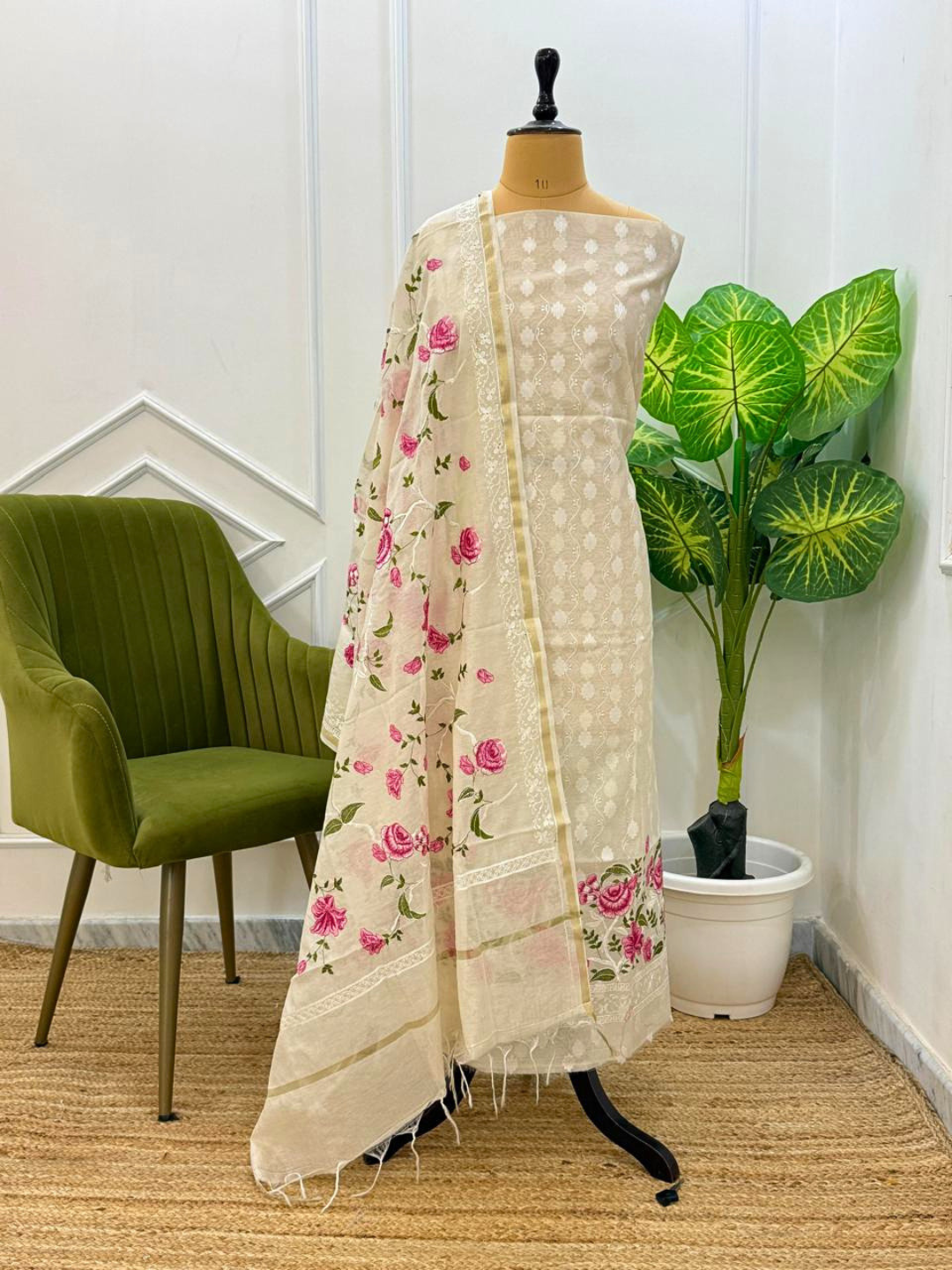 Banarasi Cotton Unstitched Suit Set with Embroidered Kurta & Dupatta – Elegant Festive Wear Dress Material