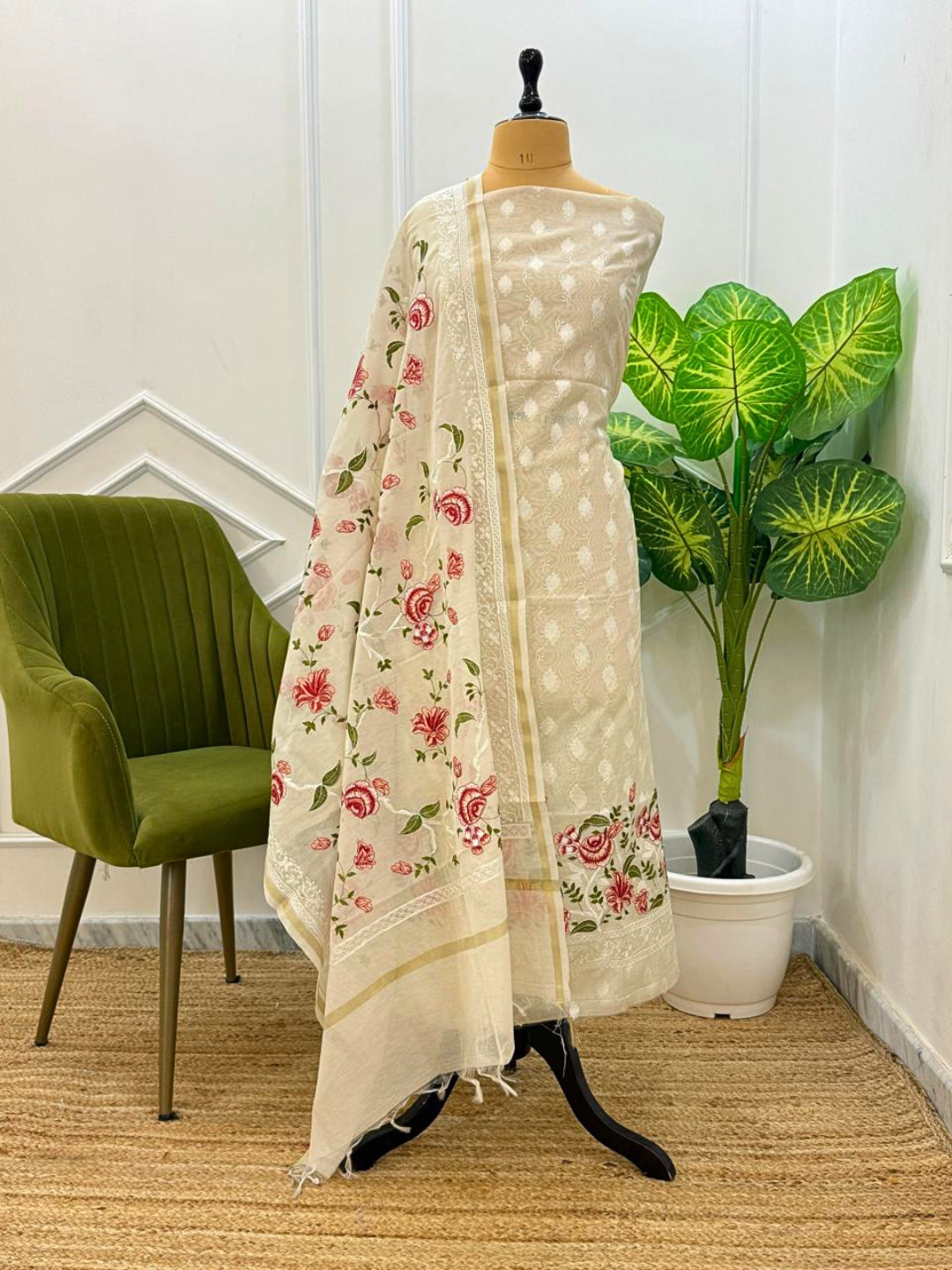 Banarasi Cotton Unstitched Suit Set with Embroidered Kurta & Dupatta – Elegant Festive Wear Dress Material