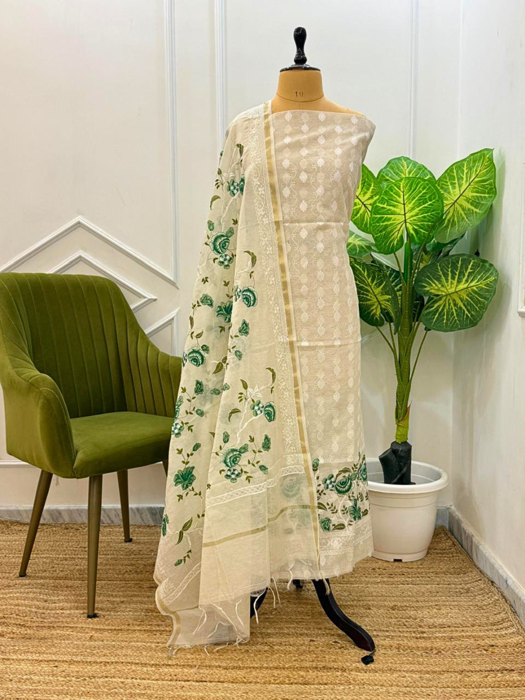 Banarasi Cotton Unstitched Suit Set with Embroidered Kurta & Dupatta – Elegant Festive Wear Dress Material