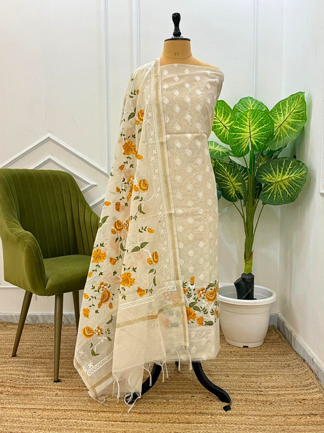 Banarasi Cotton Unstitched Suit Set with Embroidered Kurta & Dupatta – Elegant Festive Wear Dress Material