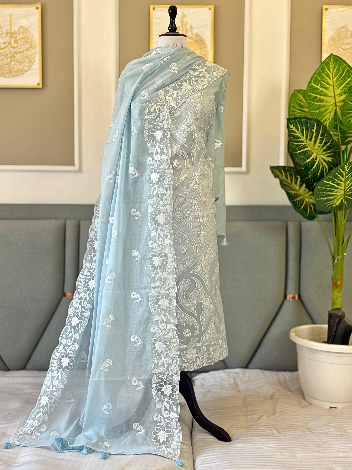 Mal Chanderi Embroidered Summer Suit Set with Dupatta & Cotton Bottom