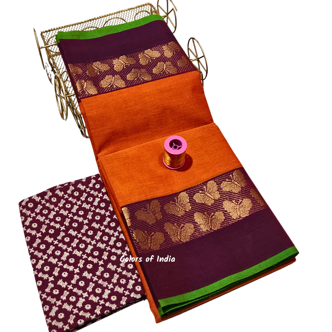 Handloom saree with blouse , Sarees with border , Sarees Cotton , FREE SHIPPING