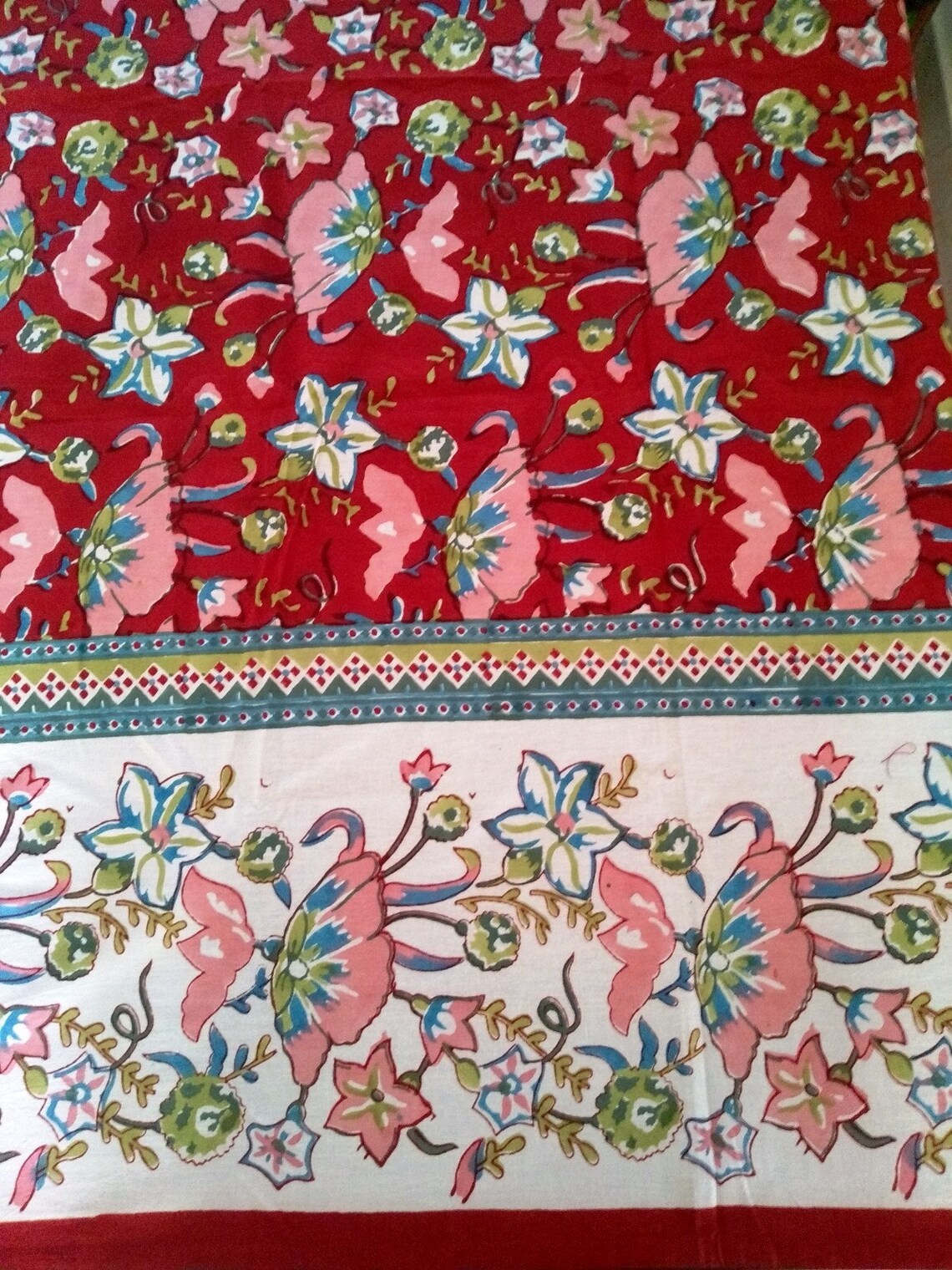 Red hand block  printed cotton table cloth for a 6 seater table , FREE DELIVERY