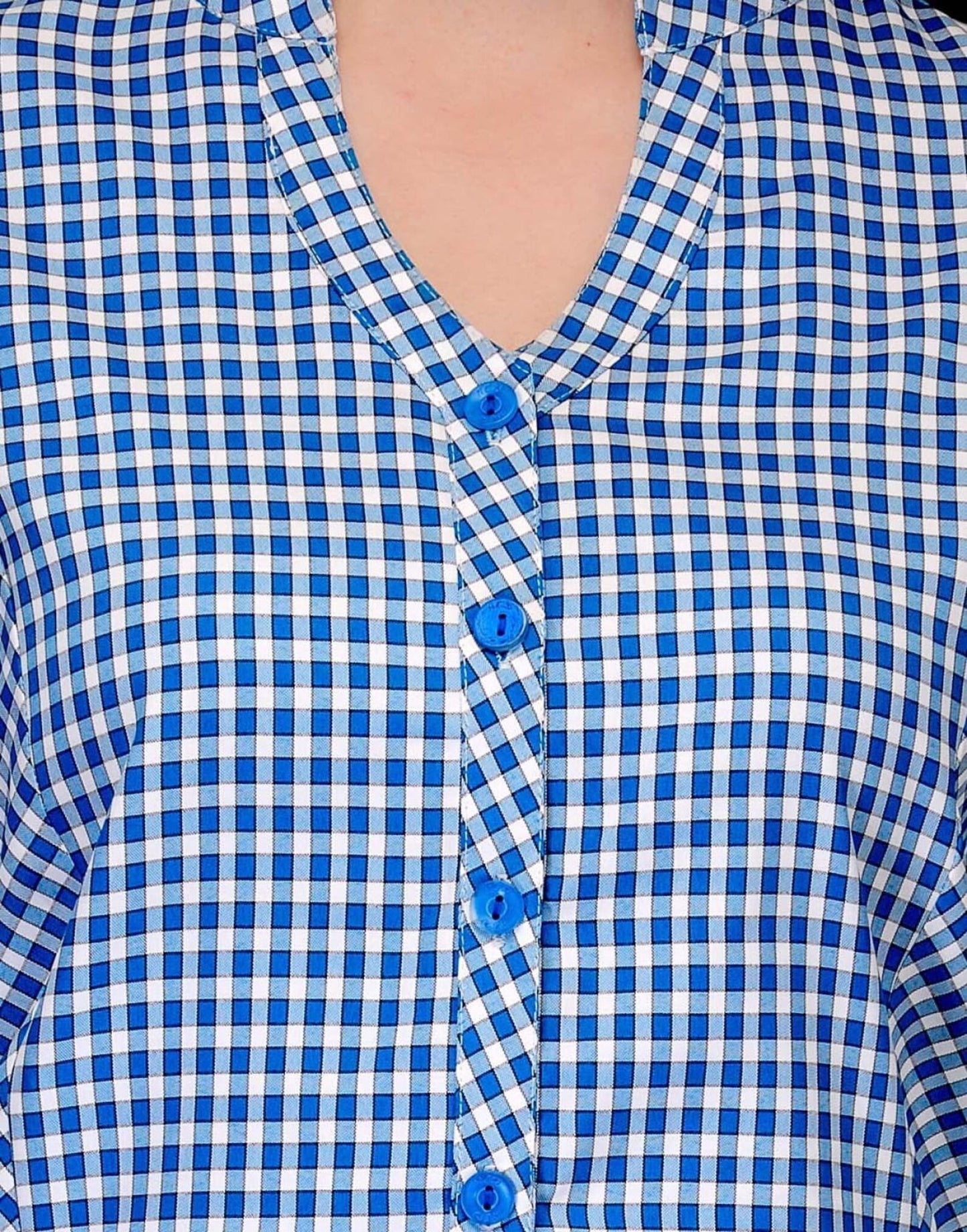 Women’s Blue Check Viscose Blend Short Sleeve Top – Casual & Office Wear Button-Down Blouse