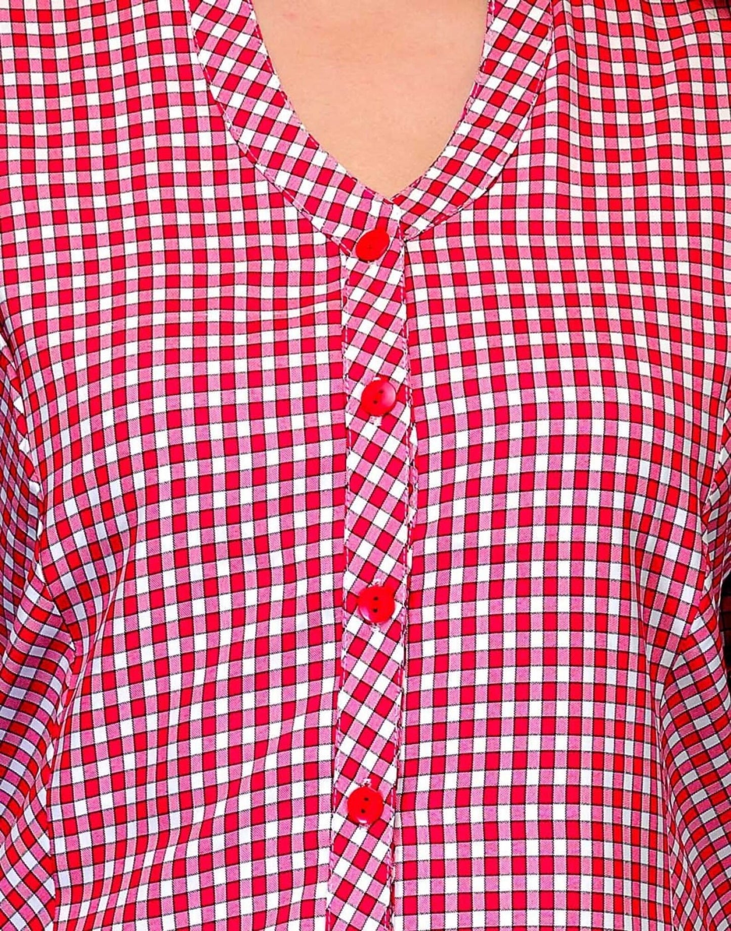 Women's Pink Check Viscose Blend Short Sleeve Top