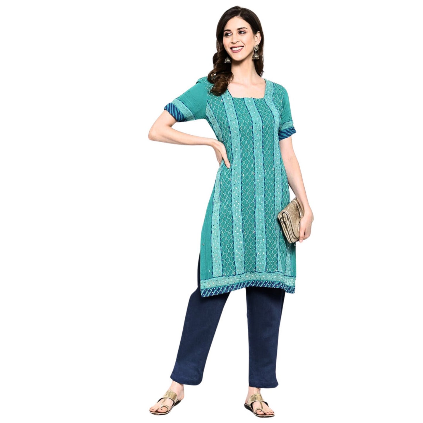 Peacock Blue Georgette Embellished Kurta for Women