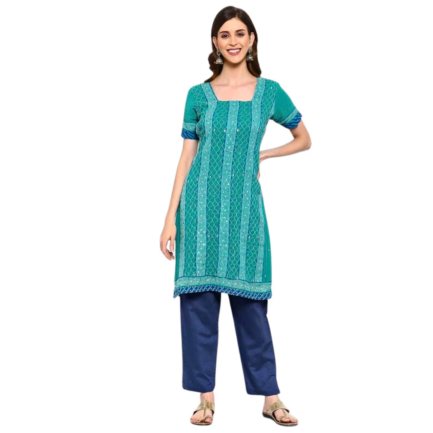 Peacock Blue Georgette Embellished Kurta for Women