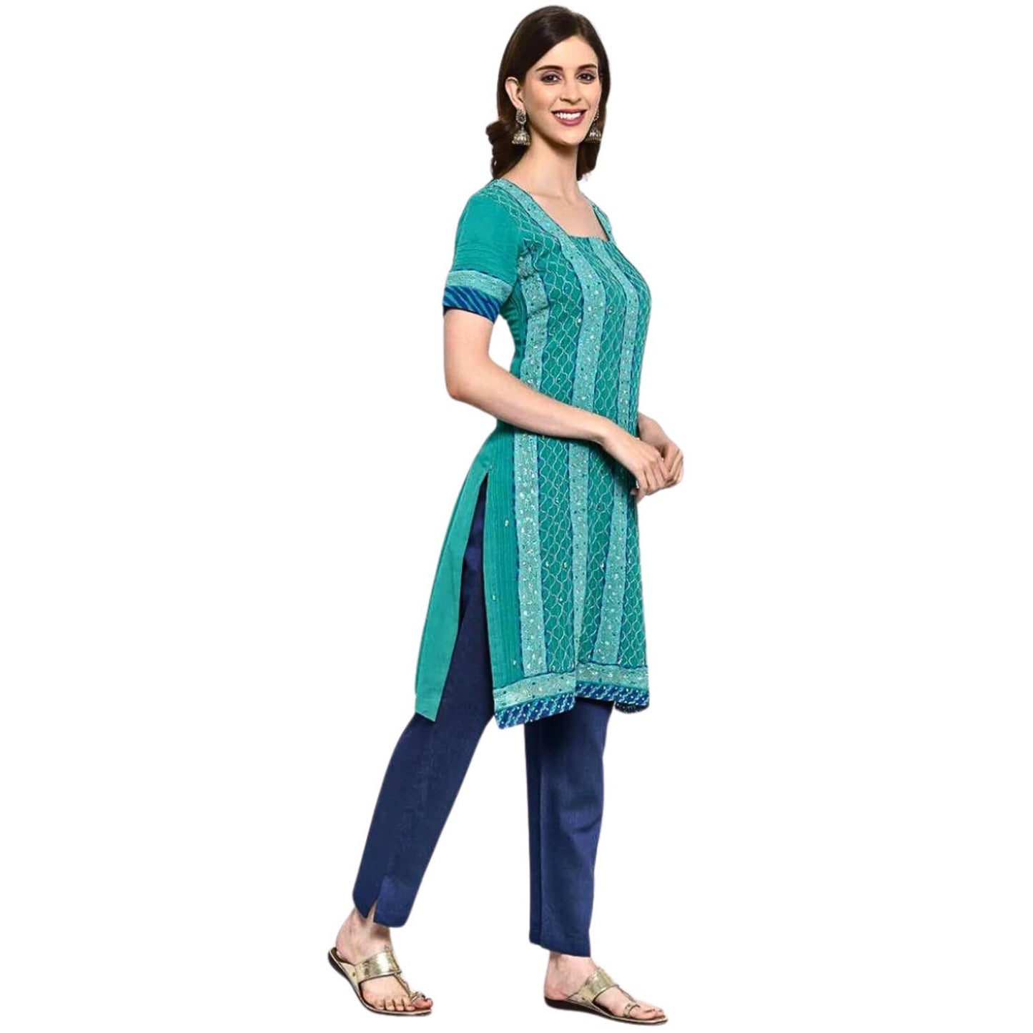 Peacock Blue Georgette Embellished Kurta for Women
