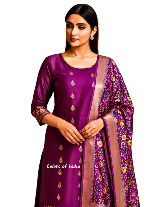 Banarasi Silk Salwar Suit for Women – Party Wear Unstitched Indian Ethnic Clothing – Wedding & Festive Outfit