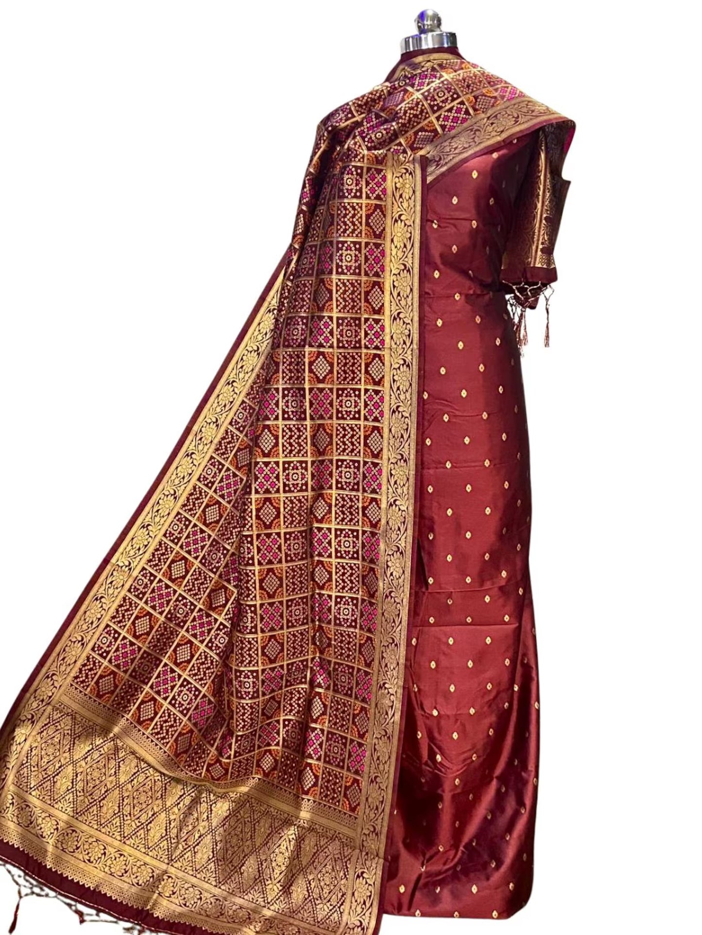 Banarasi Silk Blend Unstitched Suit Set with Bandhej Dupatta – Wedding & Festive Collection
