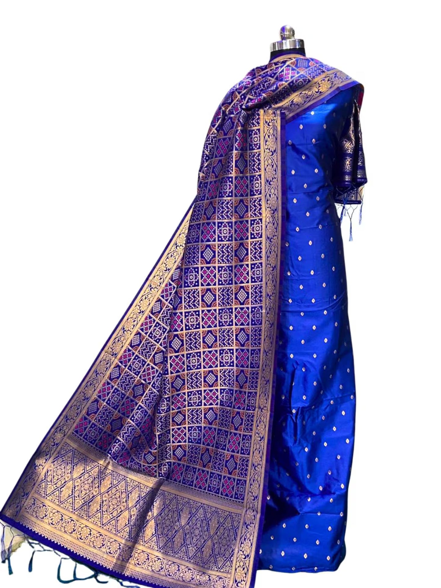 Banarasi Silk Blend Unstitched Suit Set with Bandhej Dupatta – Wedding & Festive Collection