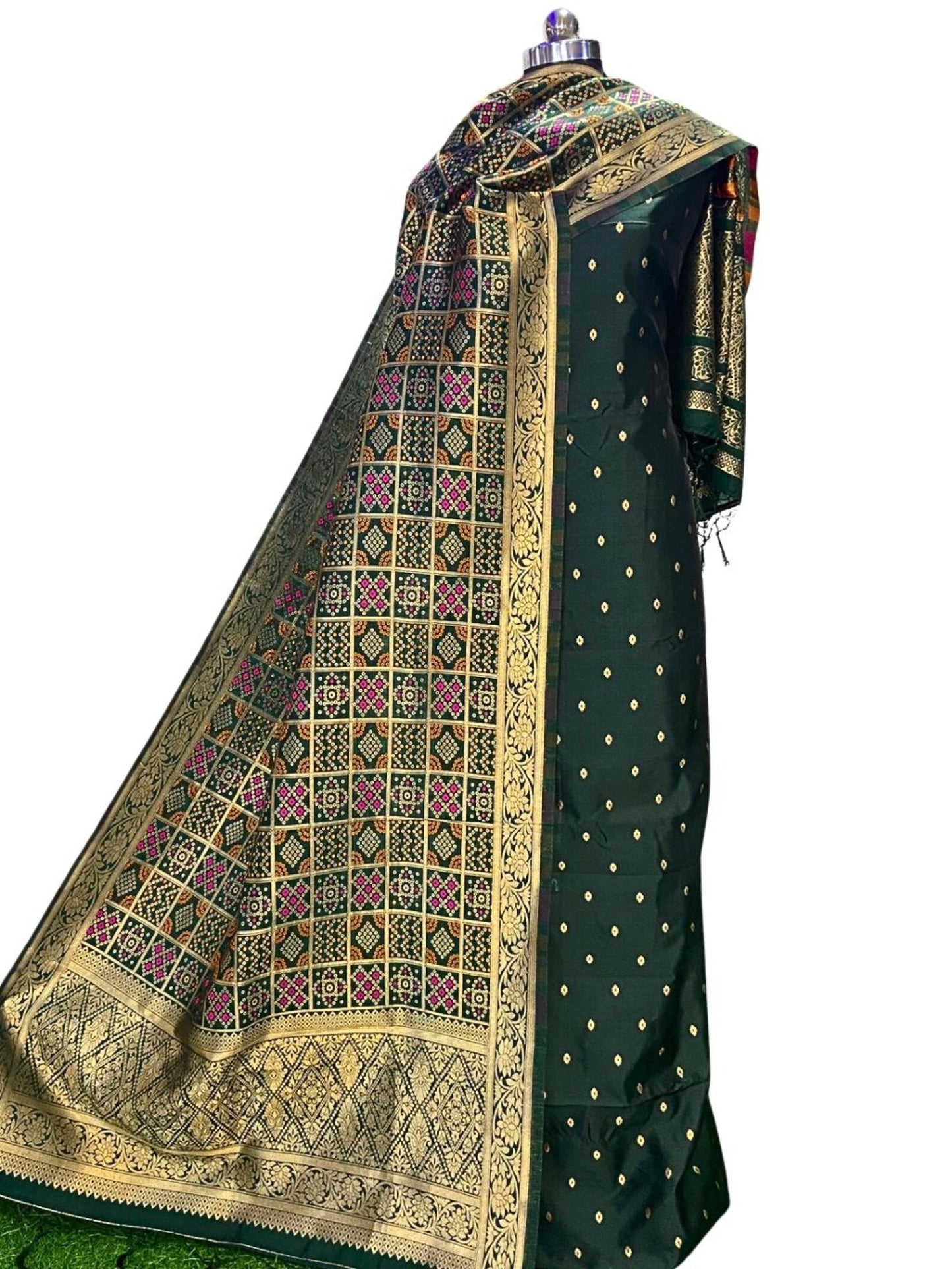 Banarasi Silk Blend Unstitched Suit Set with Bandhej Dupatta – Wedding & Festive Collection