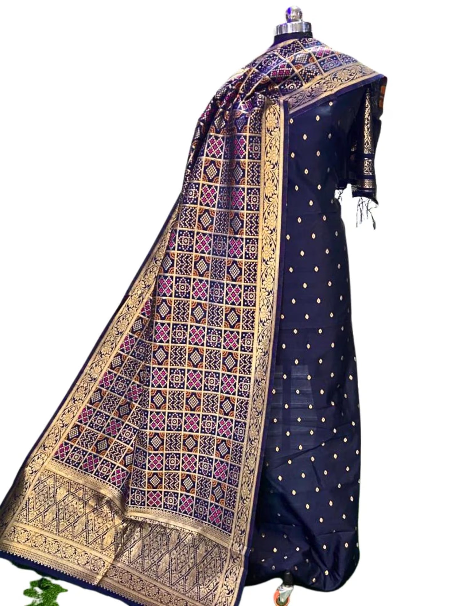 Banarasi Silk Blend Unstitched Suit Set with Bandhej Dupatta – Wedding & Festive Collection