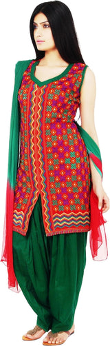 Red Phulkari Embroidered Readymade  Salwar Suit Set… Chest 40 Inches , FREE  DELIVERY