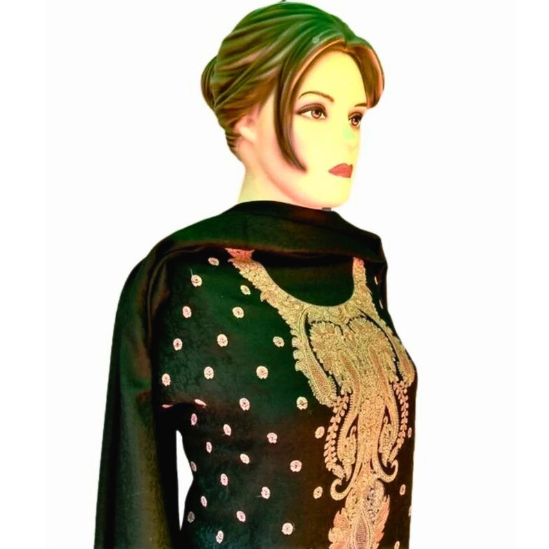 Black kashmiri embroidered woollen dress material , FREE DELIVERY