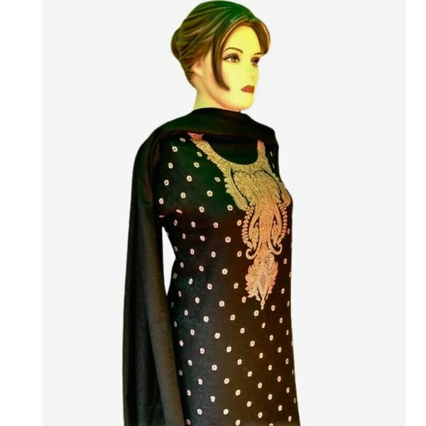 Black kashmiri embroidered woollen dress material , FREE DELIVERY