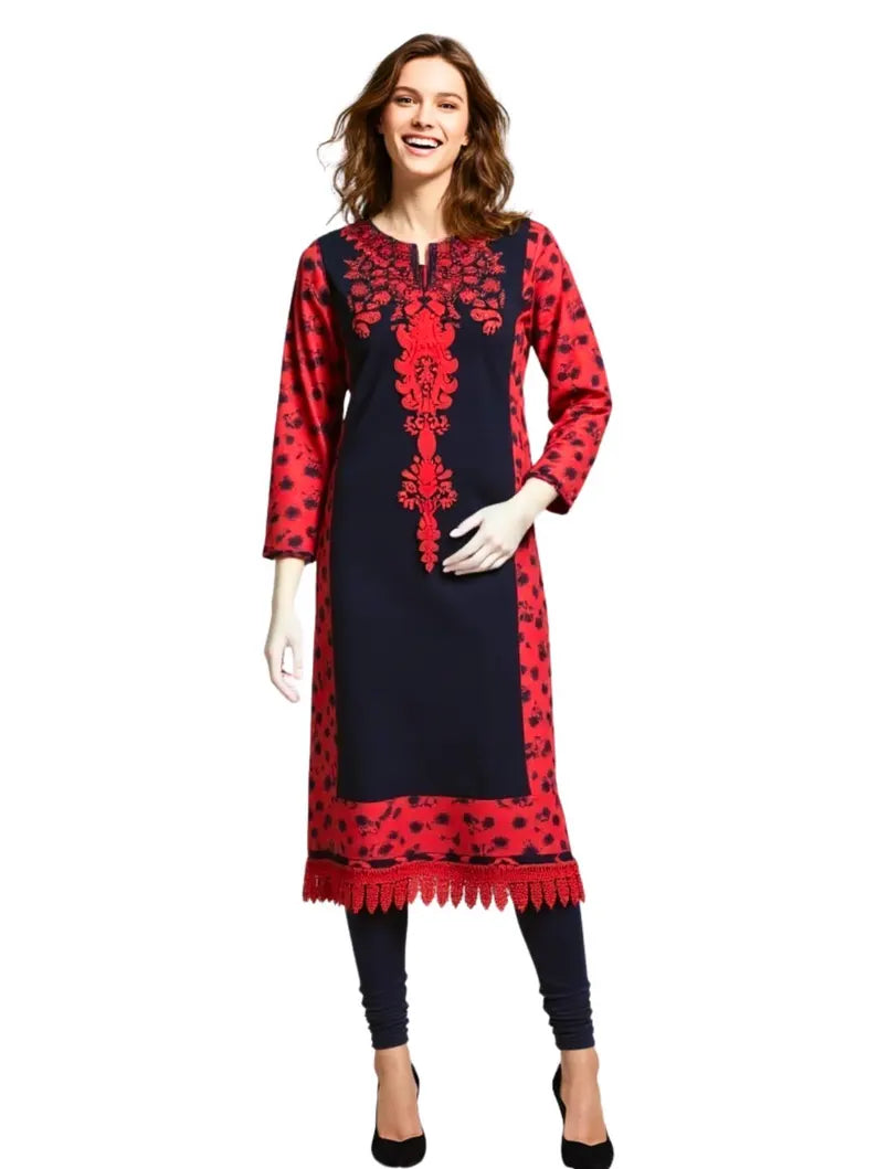 Black / Red  Plus Size  Georgette Women's Long Straight Kurta