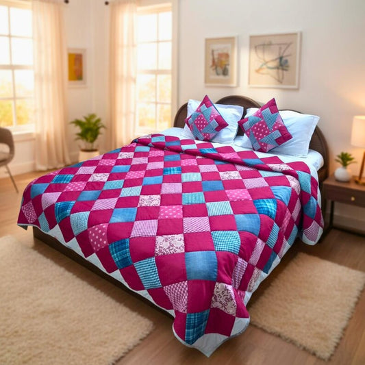 Handmade Indian Quilted Bedspread – Pink & Blue Patchwork Blanket