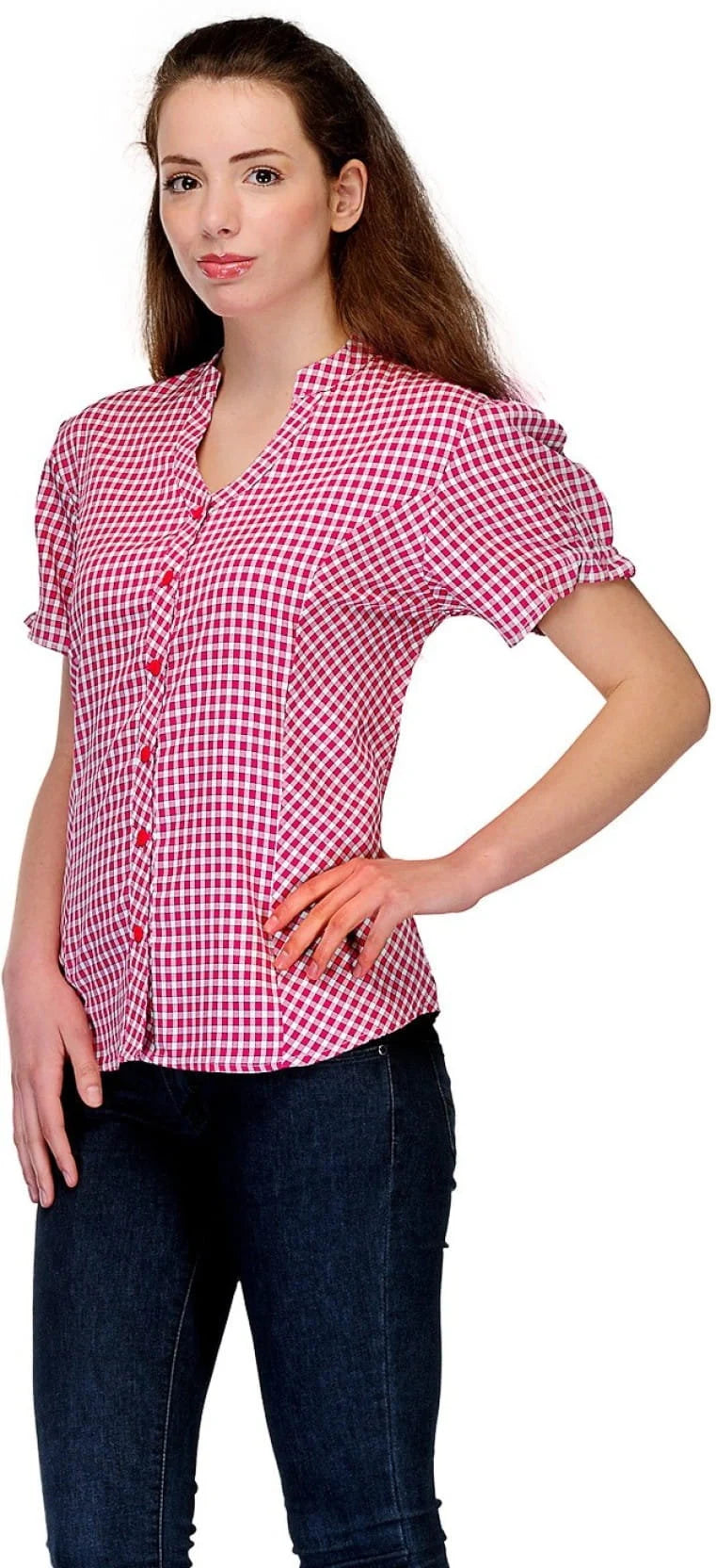 Women's Pink Check Viscose Blend Short Sleeve Top