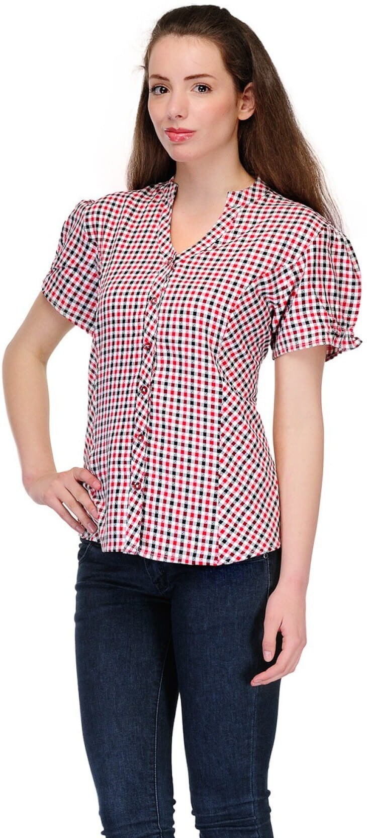 Women’s Red–Black Check  Short Sleeve Top – Casual & Office Wear Button-Down Blouse