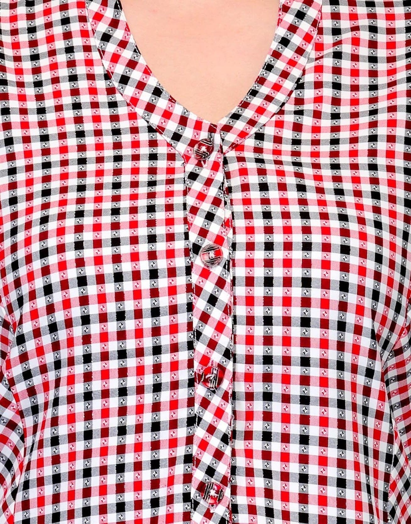 Women’s Red–Black Check  Short Sleeve Top – Casual & Office Wear Button-Down Blouse