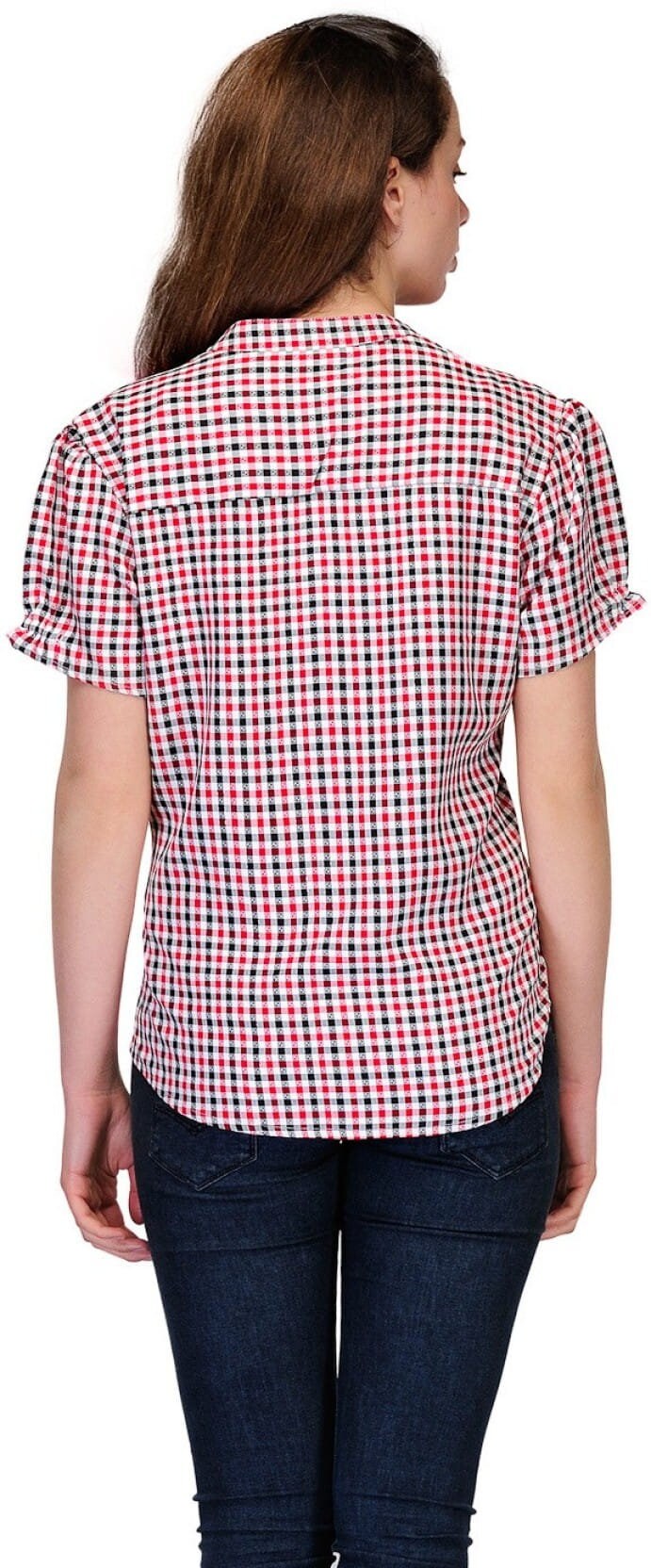 Women’s Red–Black Check  Short Sleeve Top – Casual & Office Wear Button-Down Blouse