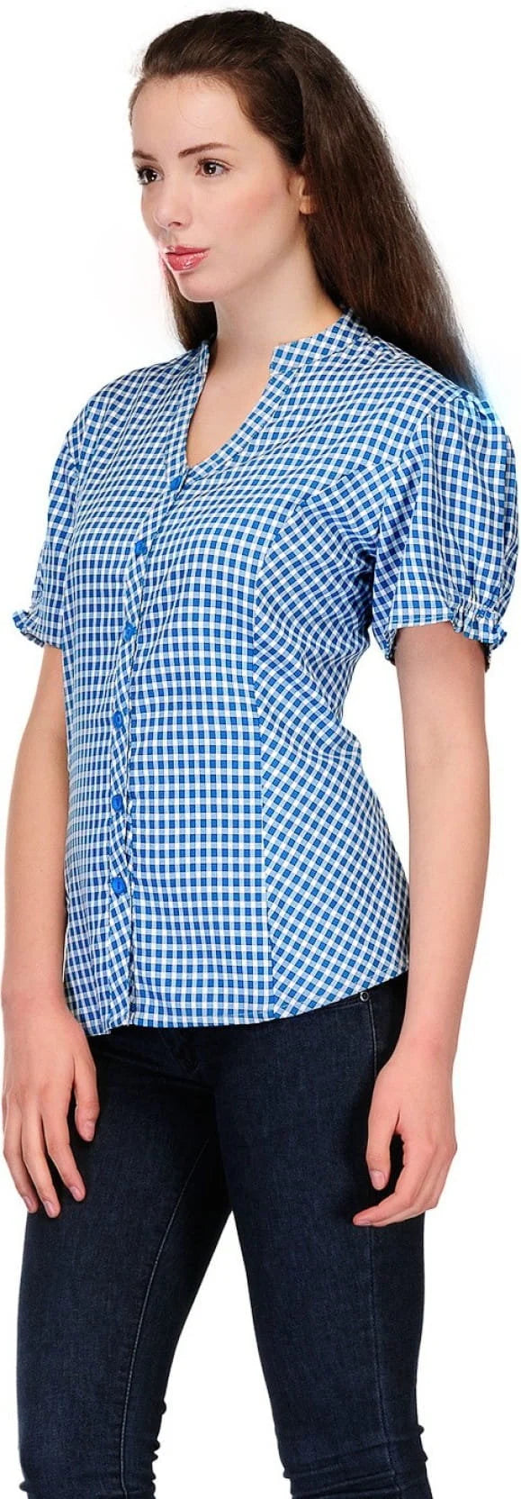 Women’s Blue Check Viscose Blend Short Sleeve Top – Casual & Office Wear Button-Down Blouse