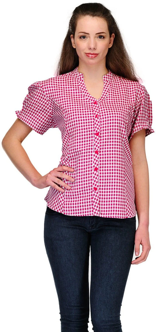 Women's Pink Check Viscose Blend Short Sleeve Top