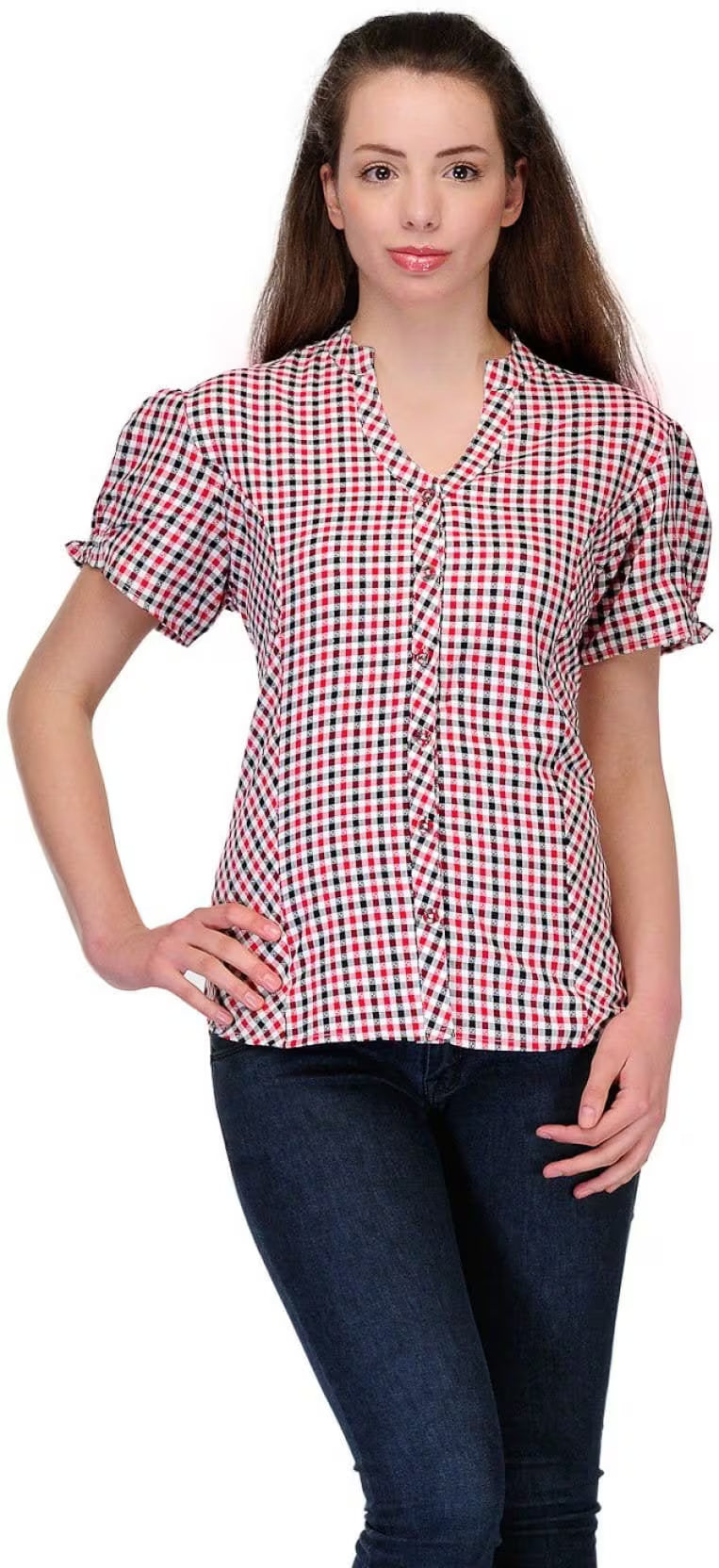 Women’s Red–Black Check  Short Sleeve Top – Casual & Office Wear Button-Down Blouse