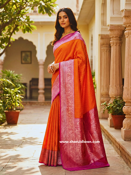 Banarasi  100 % pure silk check  saree  with zari border