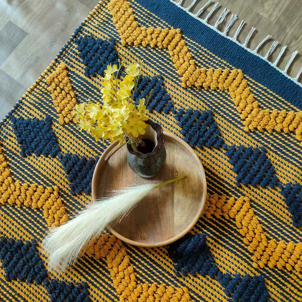 Mustard / Navy handwoven  rug  / dhurrie   , FREE  DELIVERY
