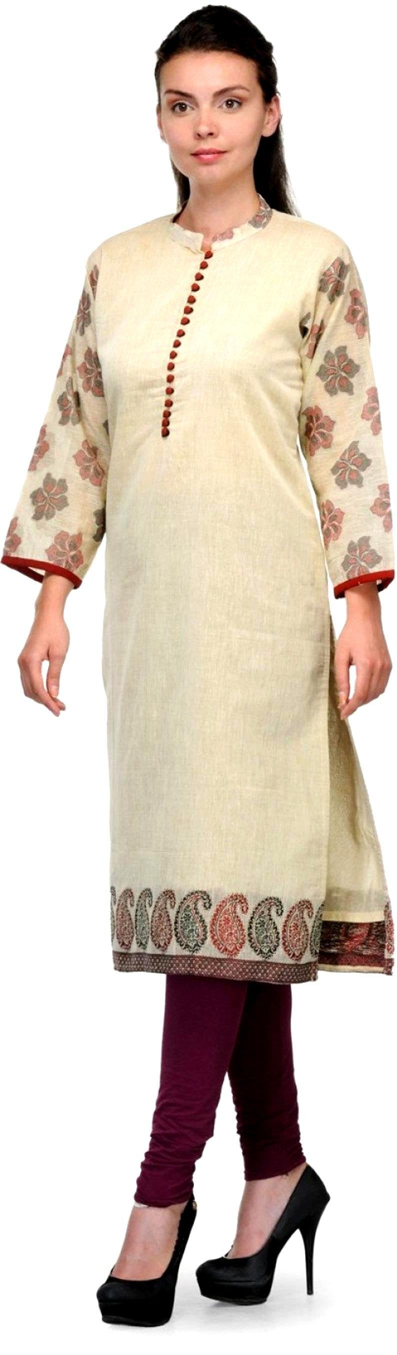 Offwhite Cotton Kurta with Jacquard Sleeves and Border  , FREE DELIVERY