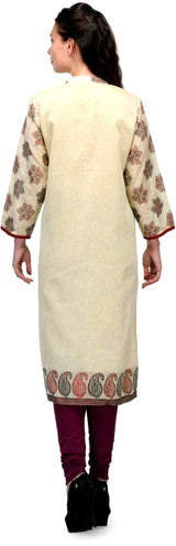 Offwhite Cotton Kurta with Jacquard Sleeves and Border  , FREE DELIVERY