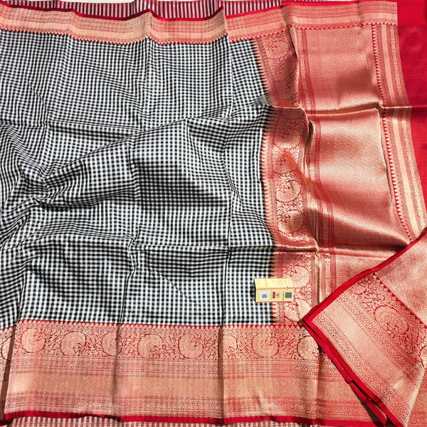 Banarasi  100 % pure silk check  saree  with zari border , FREE  DELIVERY