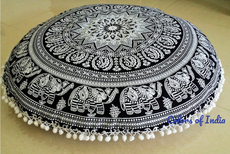 Black  and White  Large Size  Round Floor Cushion Cover,   FREE  DELIVERY