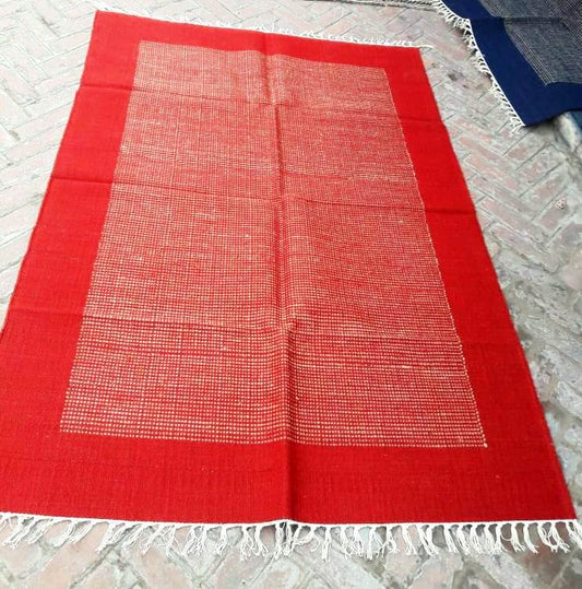 Red Handwoven Jute and Cotton Washable Dhurrie / Floor Rug  , FREE  DELIVERY